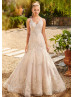V Neck Beaded Lace Organza Illusion Buttons Back Wedding Dress